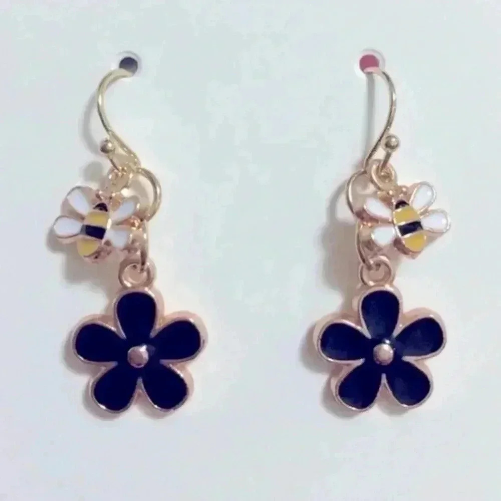 Black Bee & Flower Enamel Gold Drop Earrings NWT